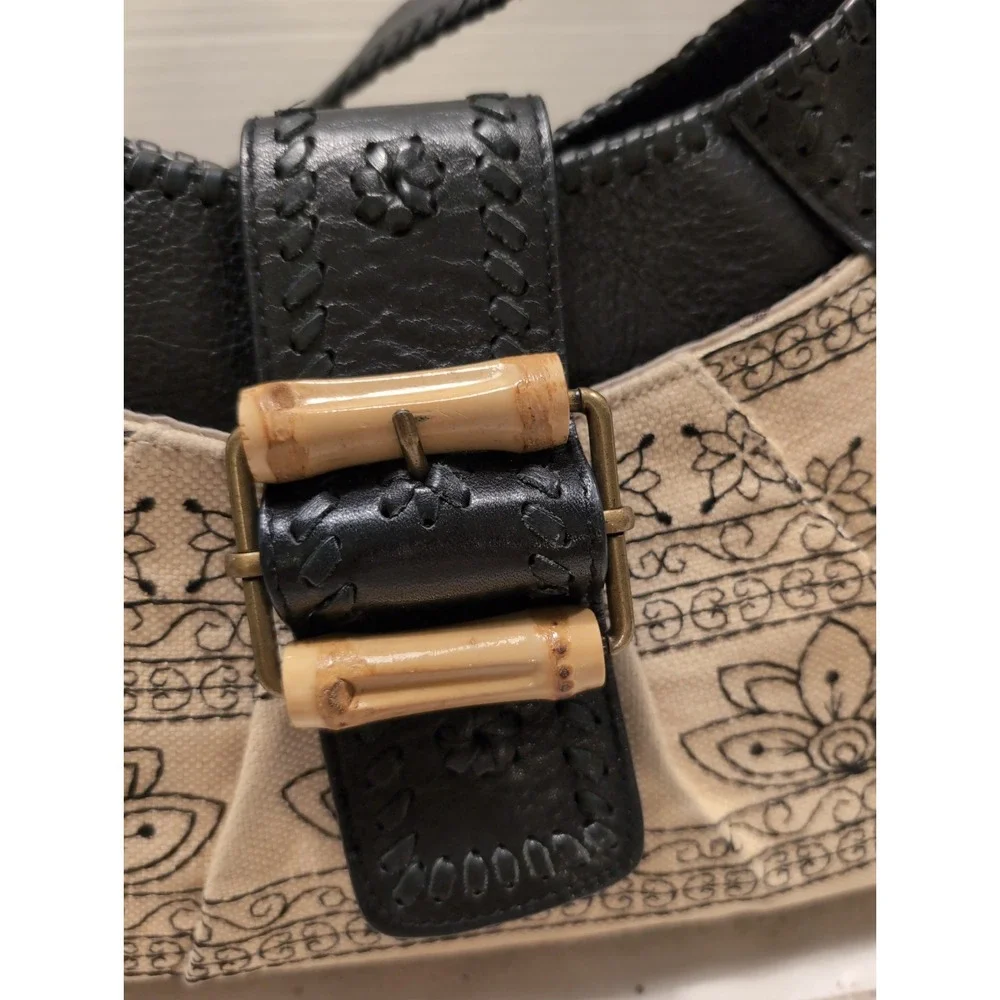 Kate Landry Beige & Black Embroidered Hobo Bag with Bamboo Accents